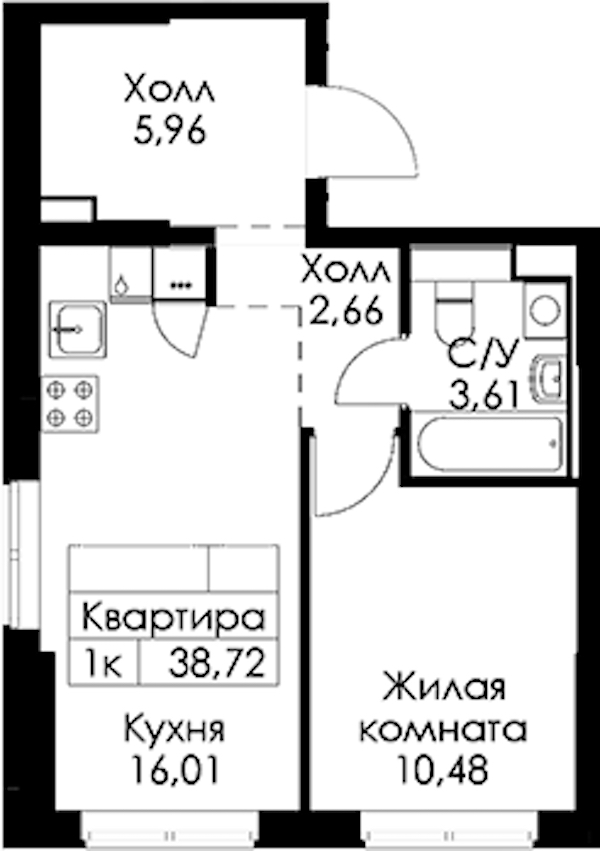 1-комнатная квартира 38.72 м², 1/15 эт., ЖК «Заречный парк»